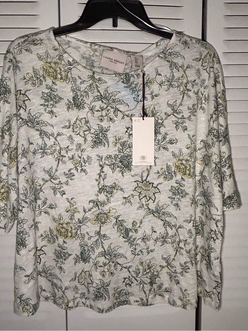 Laura Ashley Cream Floral Short Sleeve Tee with Green and Yellow Vines